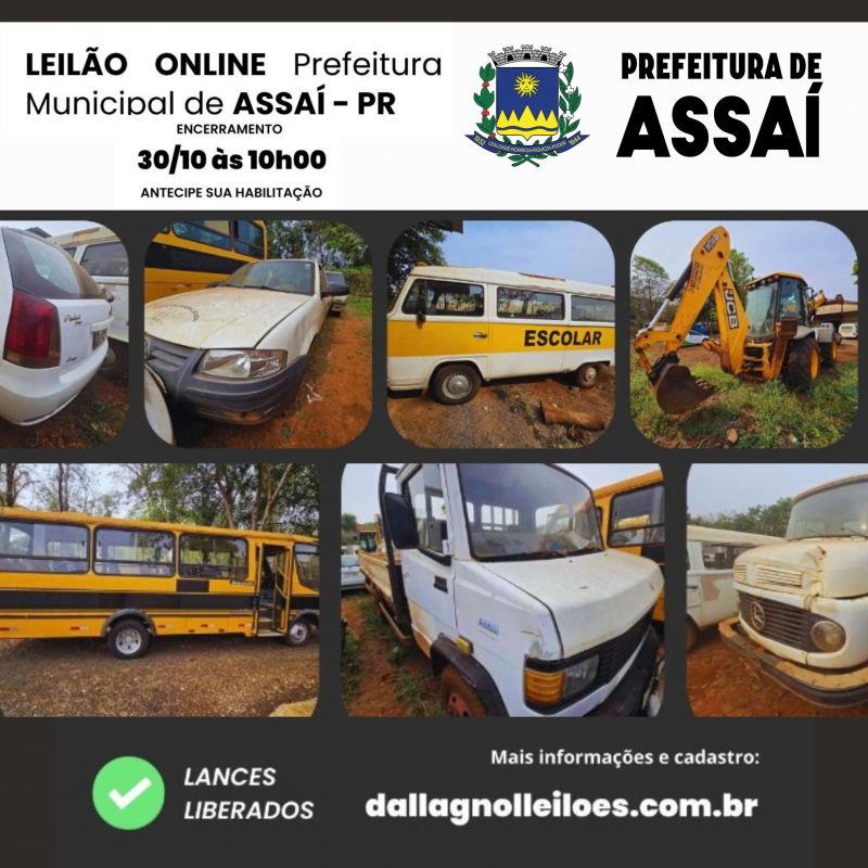 A Prefeitura de Assaí realizará  Leilão OnLine Público para alienação de bens móveis