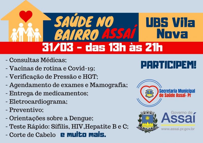ATENÇÃO MORADORES DA VILA NOVA! SERVIÇOS DE SAÚDE NO SEU BAIRRO, QUINTA-FEIRA DIA 31/03.