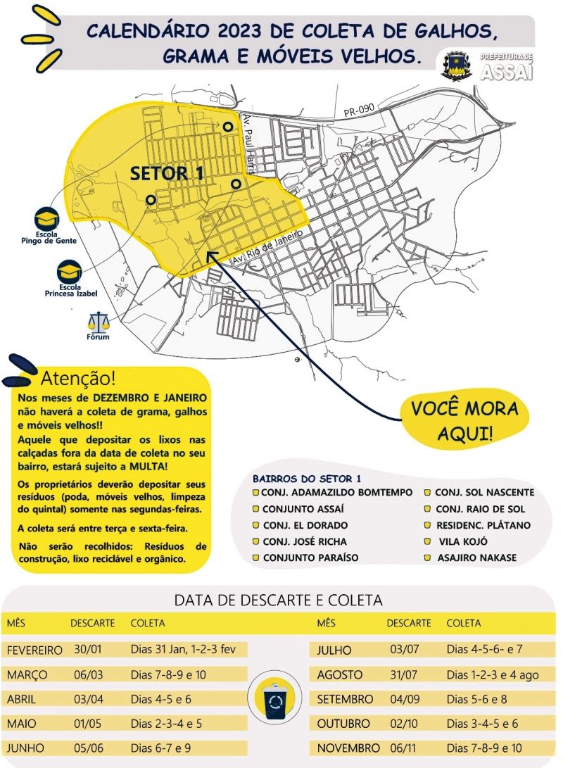 CALENDÁRIO DE COLETA DE GALHOS, GRAMA E MÓVEIS VELHOS DE 2023