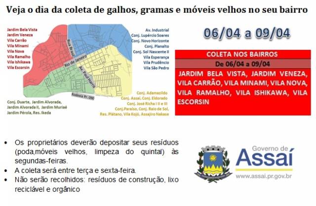 CALENDÁRIO DE COLETA DE GALHOS, GRAMA E MÓVEIS VELHOS.