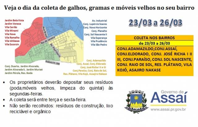 CALENDÁRIO DE COLETA DE GALHOS, GRAMA E MÓVEIS VELHOS, NA ÁREA AMARELA
