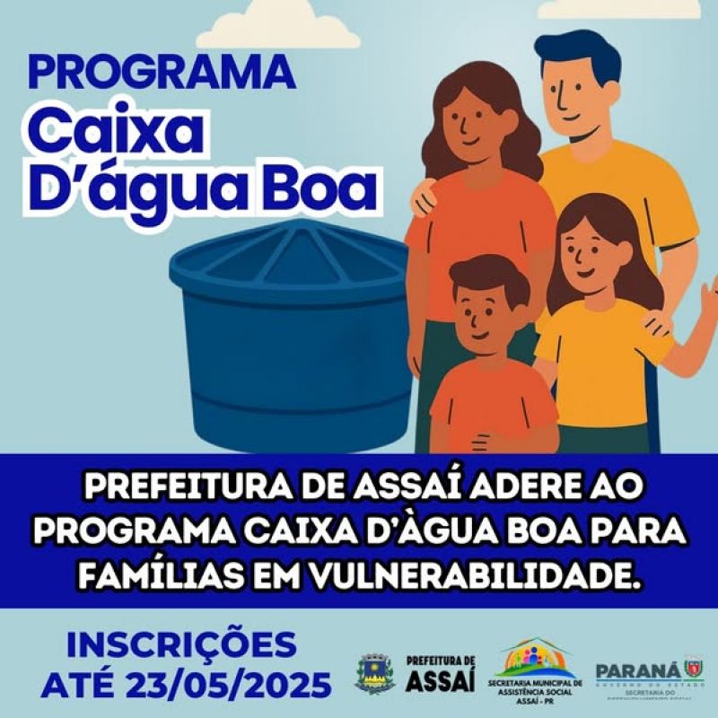 INSCRIÇÕES PARA O PROGRAMA CAIXA D'AGUA BOA ENCERRA DIA 23/05