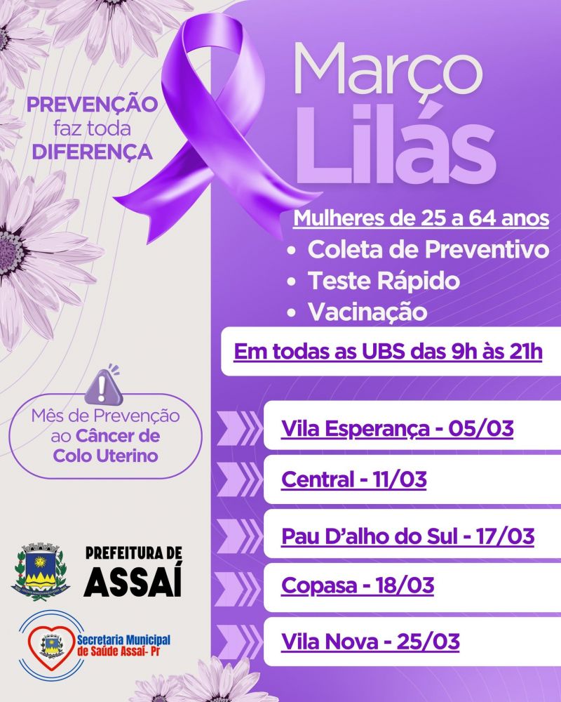 MARÇO É MÊS DA MULHER: PREFEITURA DE ASSAÍ INTENSIFICA AÇÕES DE PREVENÇÃO AO CÂNCER DO COLO DO ÚTERO