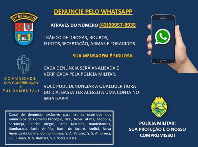 Polícia Militar disponibiliza número de WhatsApp para receber denúncias da população